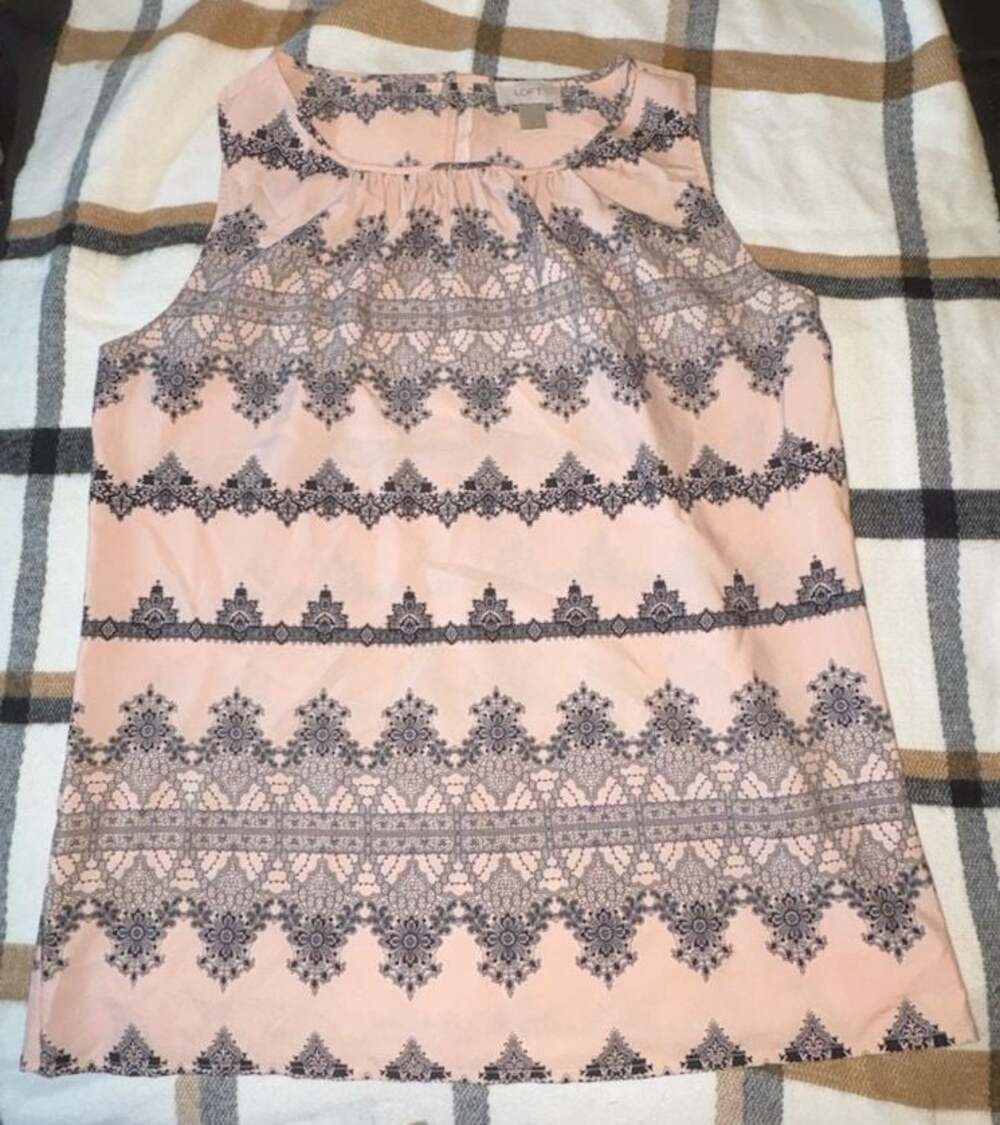 LOFT Sleeveless Blouse Pink and Black Damask Print Shell Top Size M